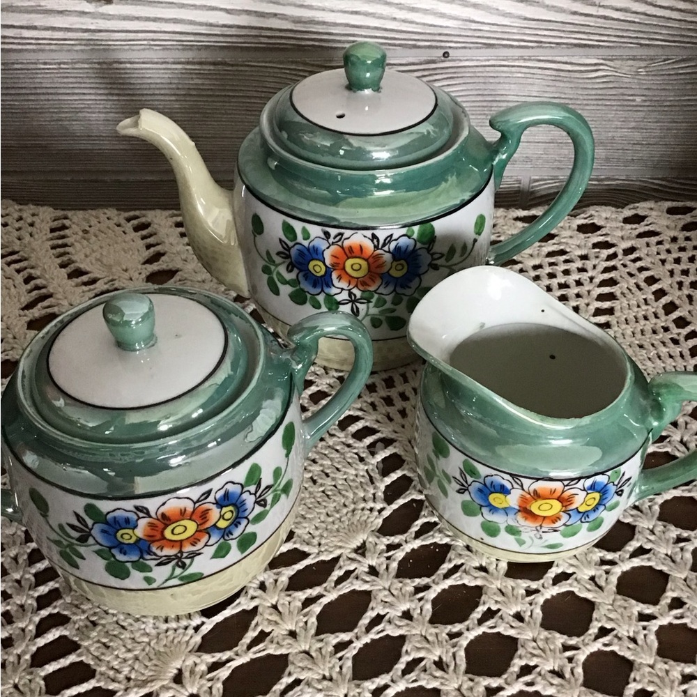 Vintage Lusterware Hand-Painted Porcelain Teapot  plus cream and sugar dish